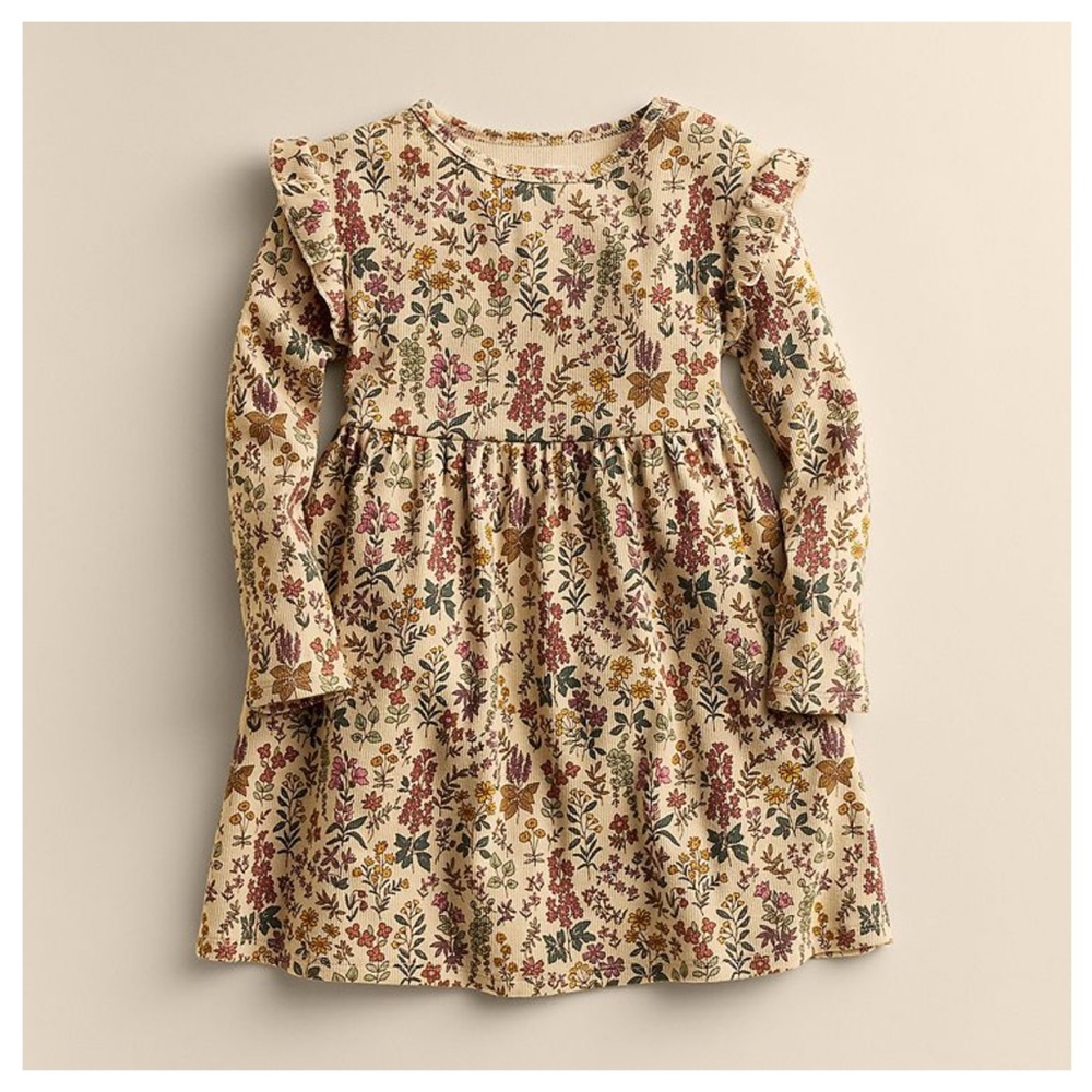 Girls' Floral Long-Sleeve Dress in Cream and Pink